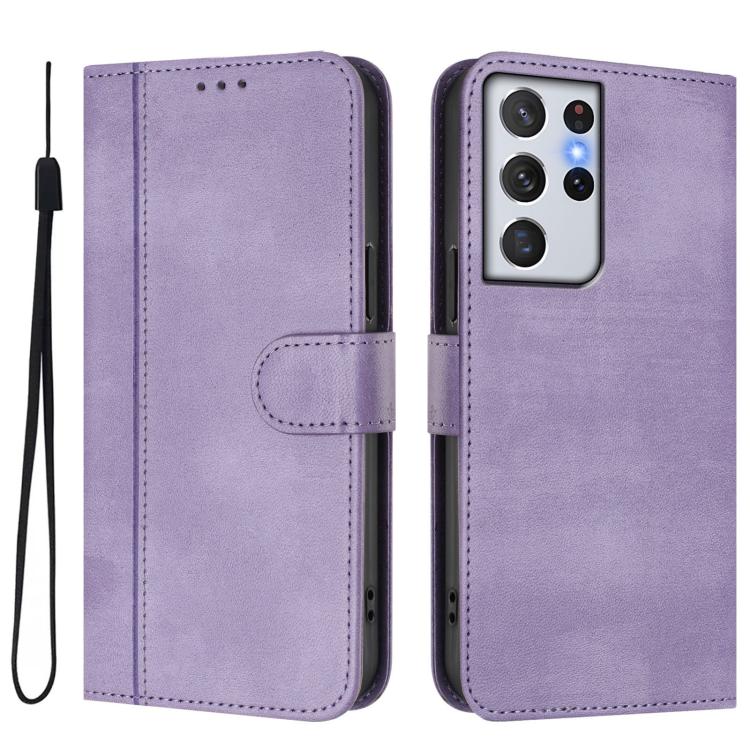 For Samsung Galaxy S21 Ultra 5G Line Splicing Buckle Retro Leather Phone Case