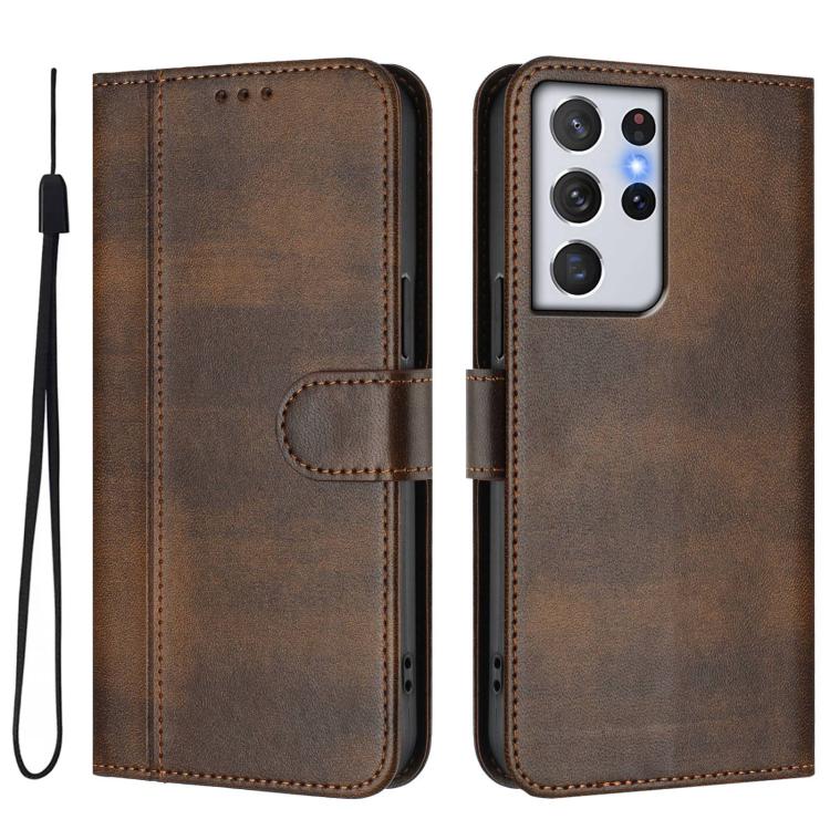 For Samsung Galaxy S21 Ultra 5G Line Splicing Buckle Retro Leather Phone Case