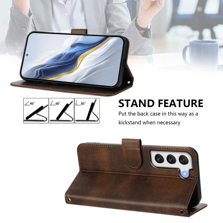 For Samsung Galaxy S21 FE 5G Line Splicing Buckle Retro Leather Phone Case