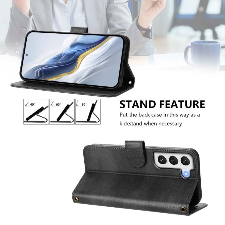 For Samsung Galaxy S22 5G Line Splicing Buckle Retro Leather Phone Case