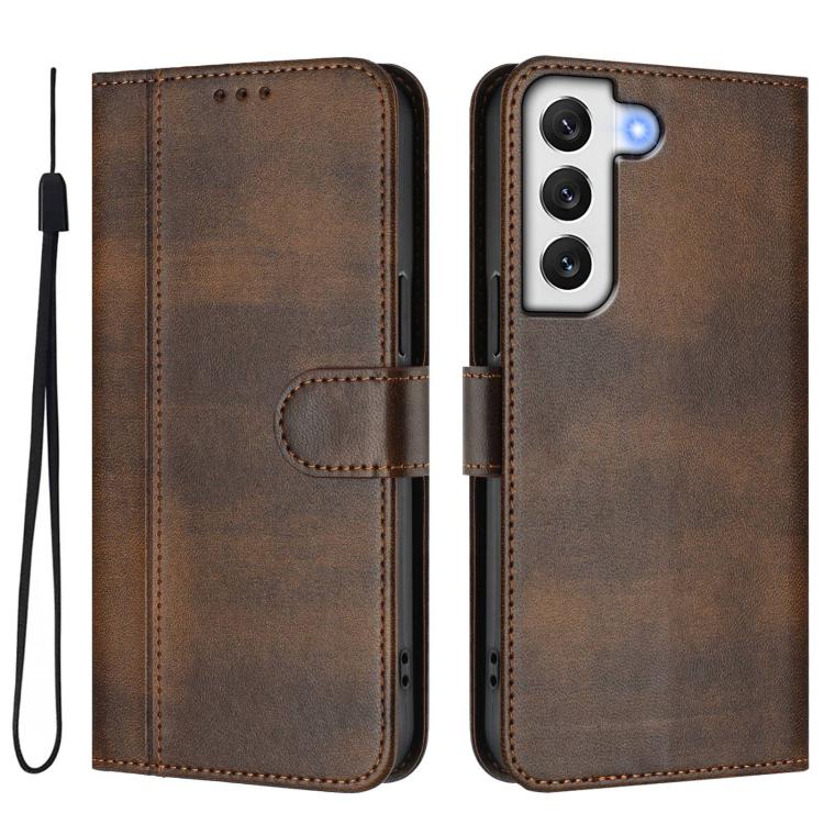 For Samsung Galaxy S22 5G Line Splicing Buckle Retro Leather Phone Case
