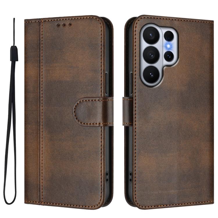 For Samsung Galaxy S26 Ultra 5G Line Splicing Buckle Retro Leather Phone Case