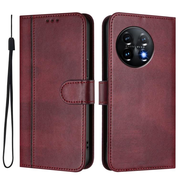 For Oneplus 11 Line Splicing Buckle Retro Leather Phone Case