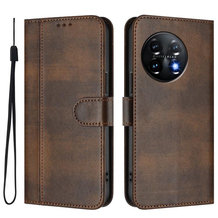 For Oneplus 11 Line Splicing Buckle Retro Leather Phone Case