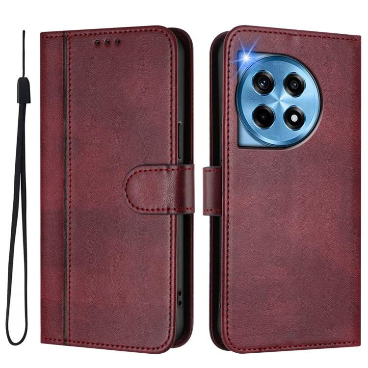 For OnePlus 12R Line Splicing Buckle Retro Leather Phone Case