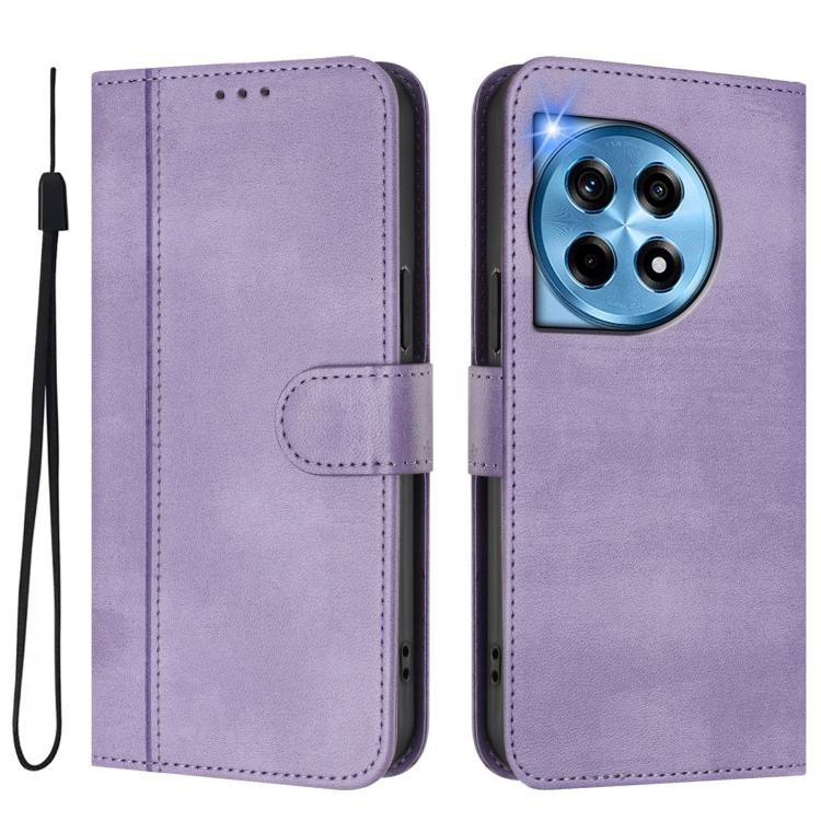 For OnePlus 12R Line Splicing Buckle Retro Leather Phone Case