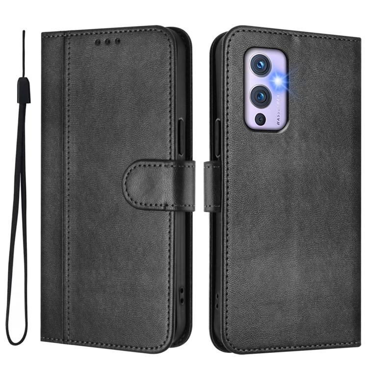 For OnePlus 9 Line Splicing Buckle Retro Leather Phone Case