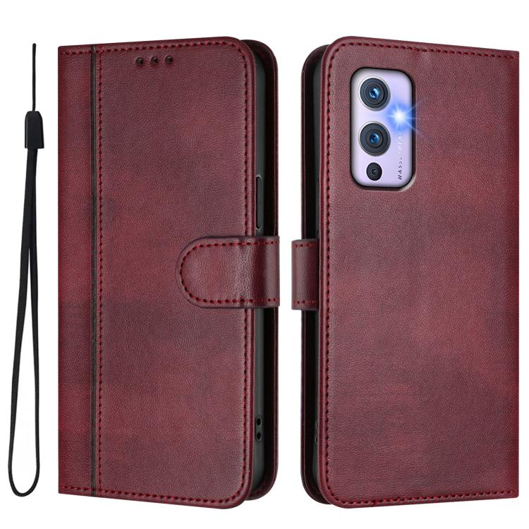 For OnePlus 9 Line Splicing Buckle Retro Leather Phone Case