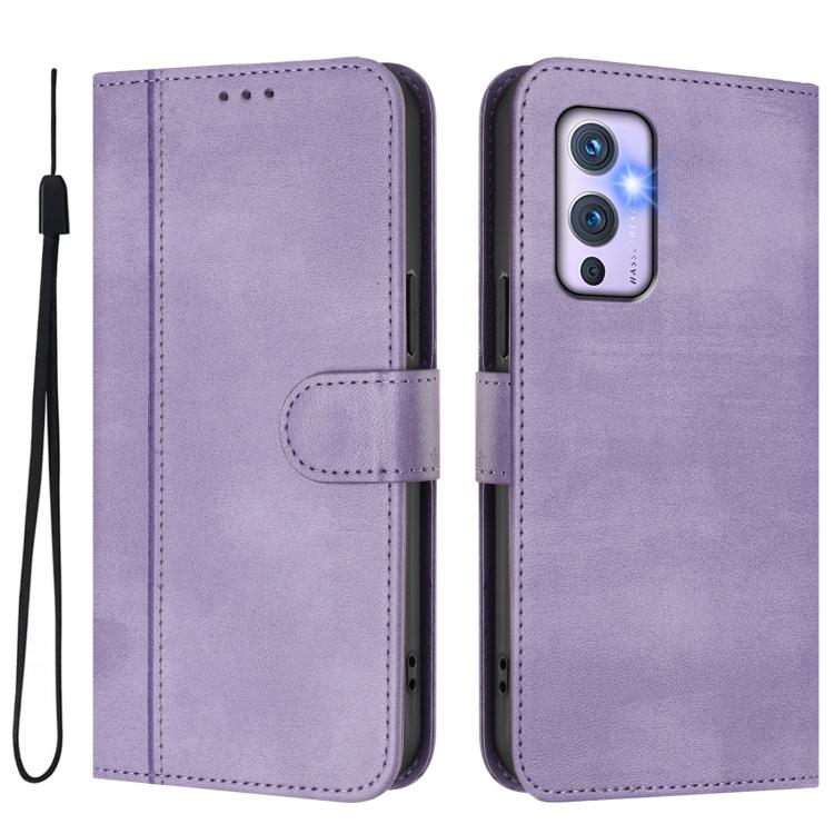 For OnePlus 9 Line Splicing Buckle Retro Leather Phone Case