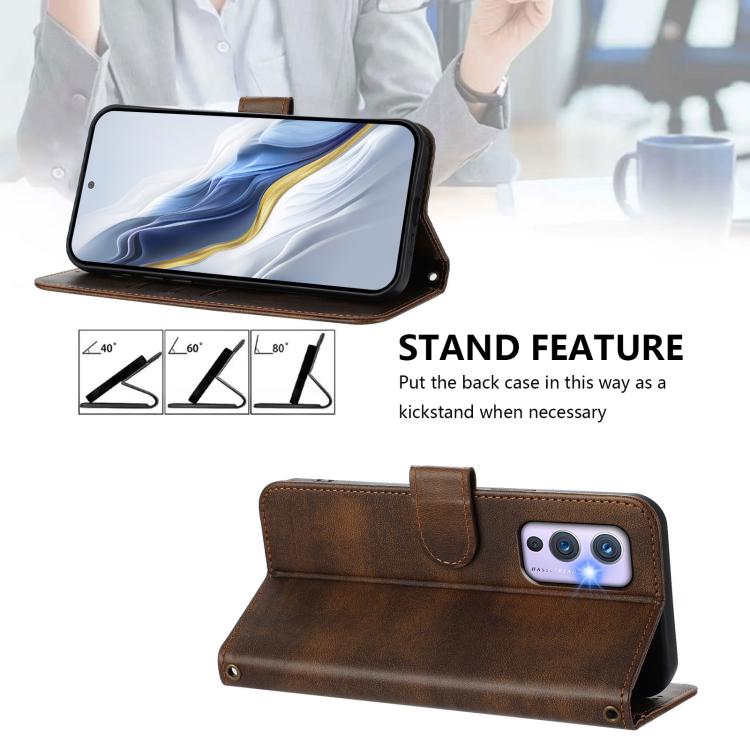 For OnePlus 9 Line Splicing Buckle Retro Leather Phone Case
