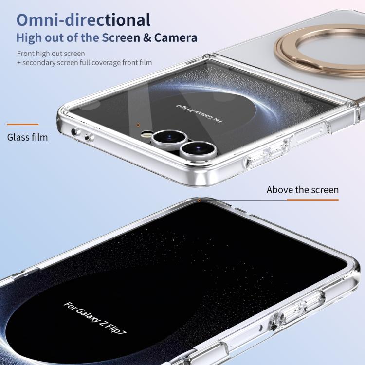 For Samsung Galaxy Z Flip7 5G Integrated Ice-feel High-transparency 360-Degree Rotating Stand MagSafe Folding Phone Case