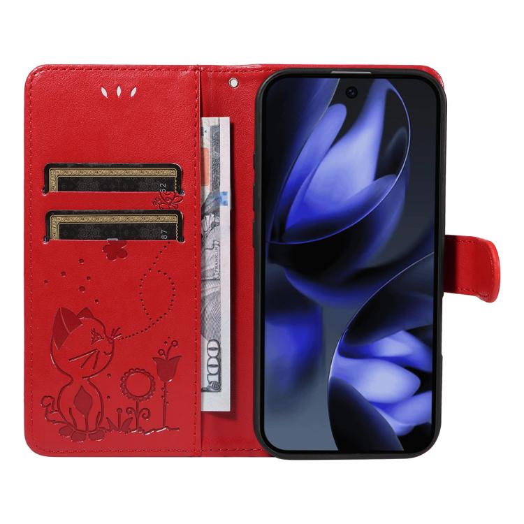 For Google Pixel 10 / 10 Pro Global Cat and Bee Embossed Flip Leather Phone Case