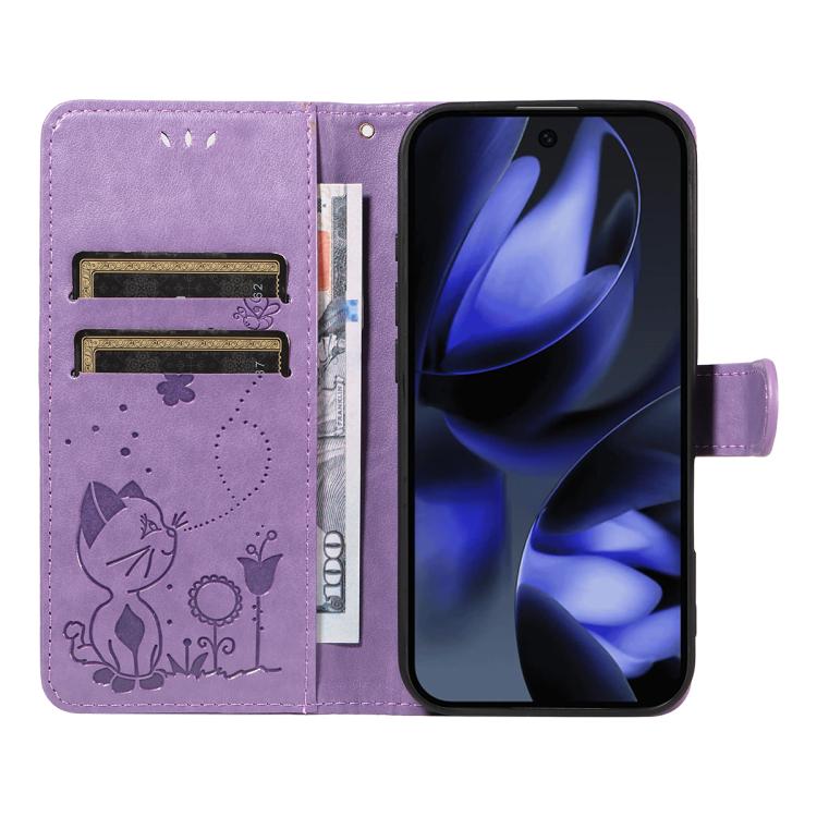 For Google Pixel 10 / 10 Pro Global Cat and Bee Embossed Flip Leather Phone Case
