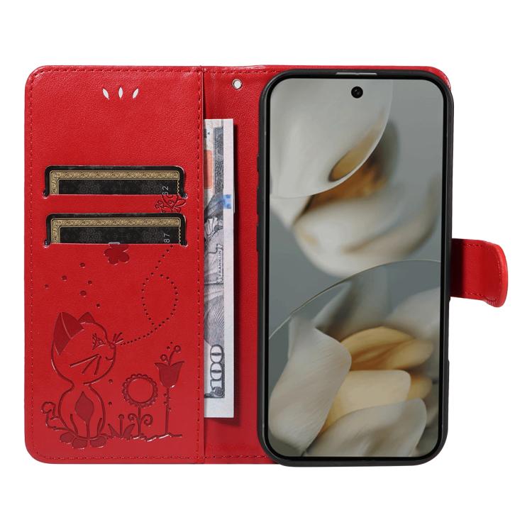 For Google Pixel 10 Pro XL 5G Global Cat and Bee Embossed Flip Leather Phone Case