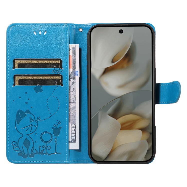 For Google Pixel 10 Pro XL 5G Global Cat and Bee Embossed Flip Leather Phone Case