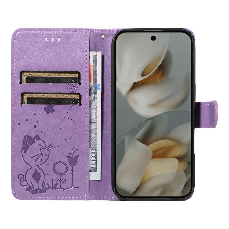 For Google Pixel 10 Pro XL 5G Global Cat and Bee Embossed Flip Leather Phone Case