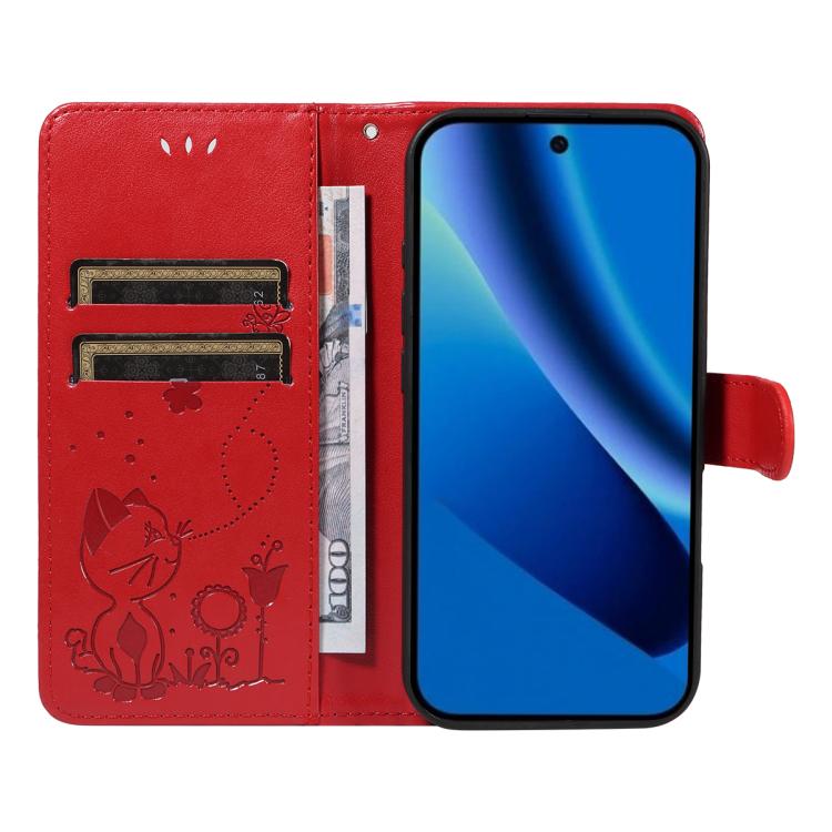 For Google Pixel 10a Cat and Bee Embossed Flip Leather Phone Case