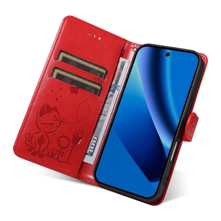 For Google Pixel 10a Cat and Bee Embossed Flip Leather Phone Case