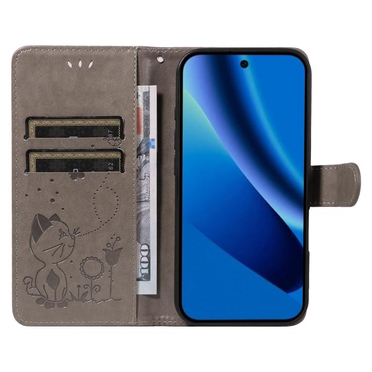 For Google Pixel 10a Cat and Bee Embossed Flip Leather Phone Case