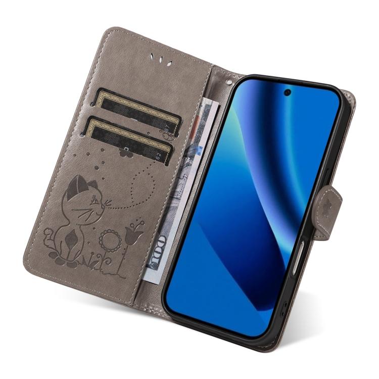 For Google Pixel 10a Cat and Bee Embossed Flip Leather Phone Case