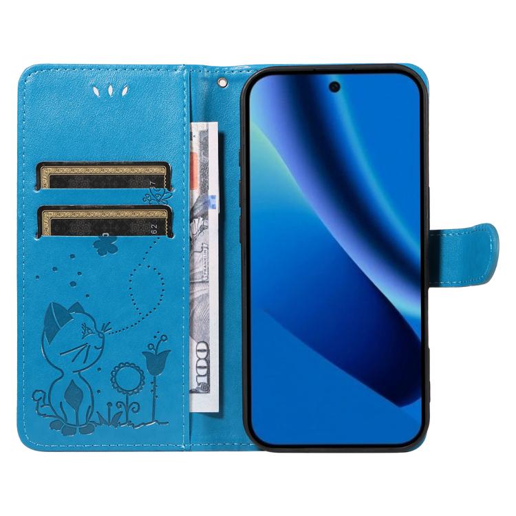 For Google Pixel 10a Cat and Bee Embossed Flip Leather Phone Case