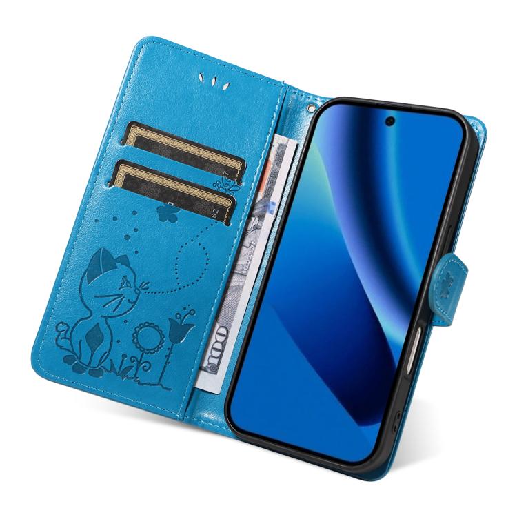 For Google Pixel 10a Cat and Bee Embossed Flip Leather Phone Case