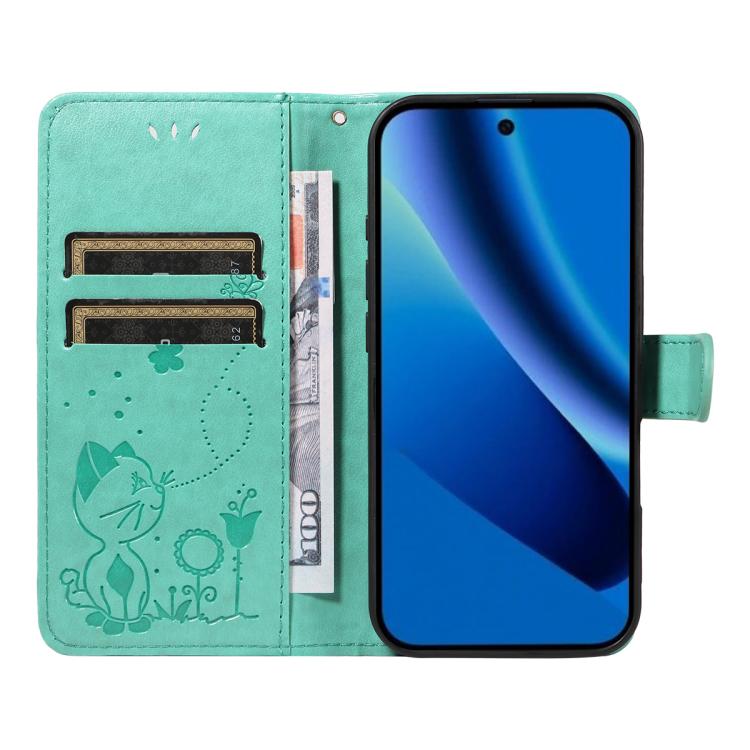 For Google Pixel 10a Cat and Bee Embossed Flip Leather Phone Case