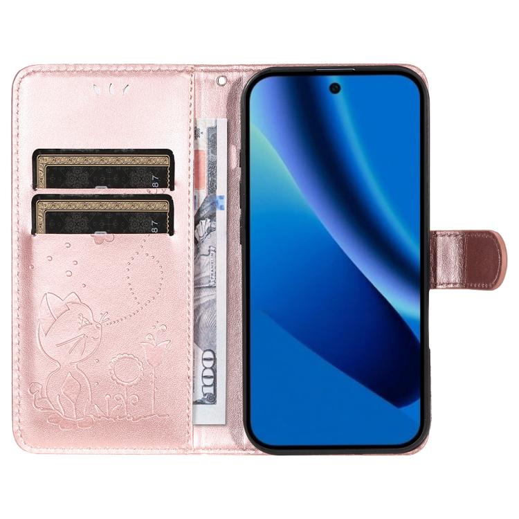 For Google Pixel 10a Cat and Bee Embossed Flip Leather Phone Case