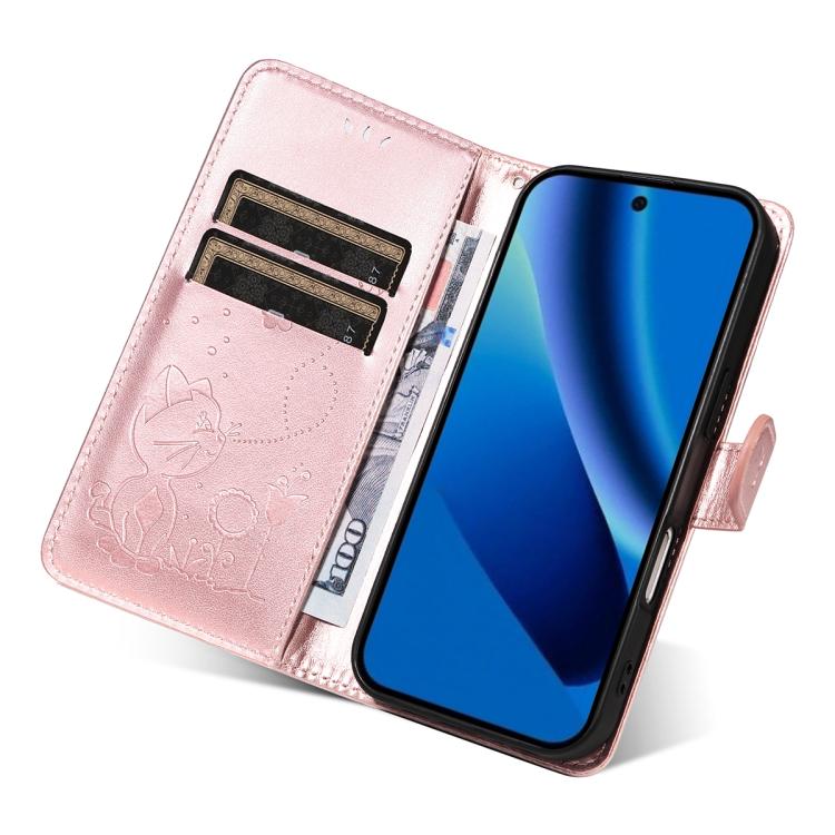 For Google Pixel 10a Cat and Bee Embossed Flip Leather Phone Case