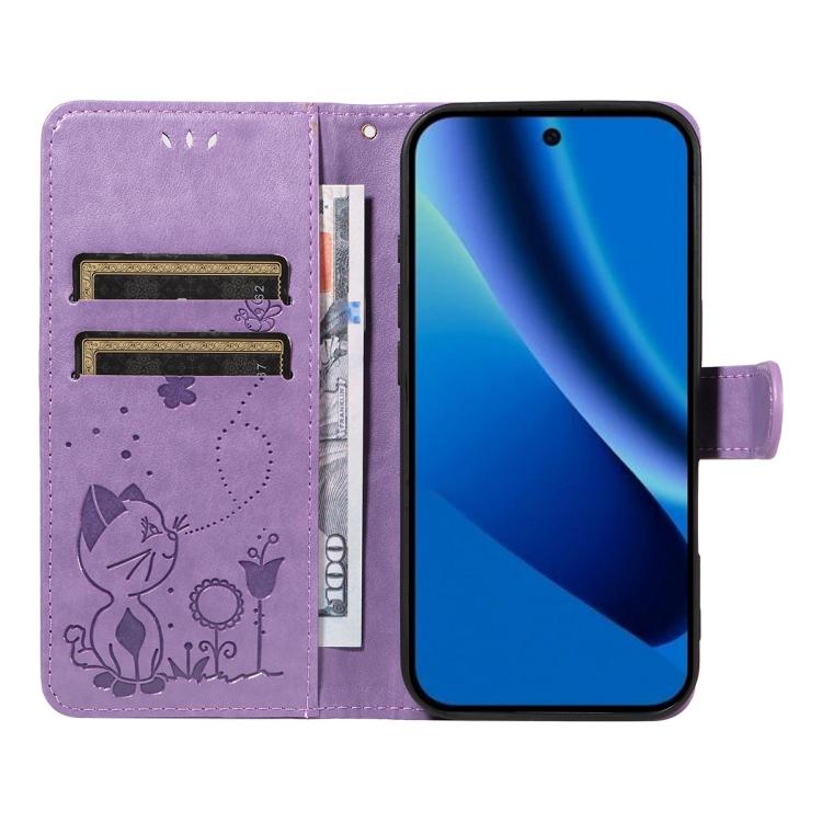 For Google Pixel 10a Cat and Bee Embossed Flip Leather Phone Case