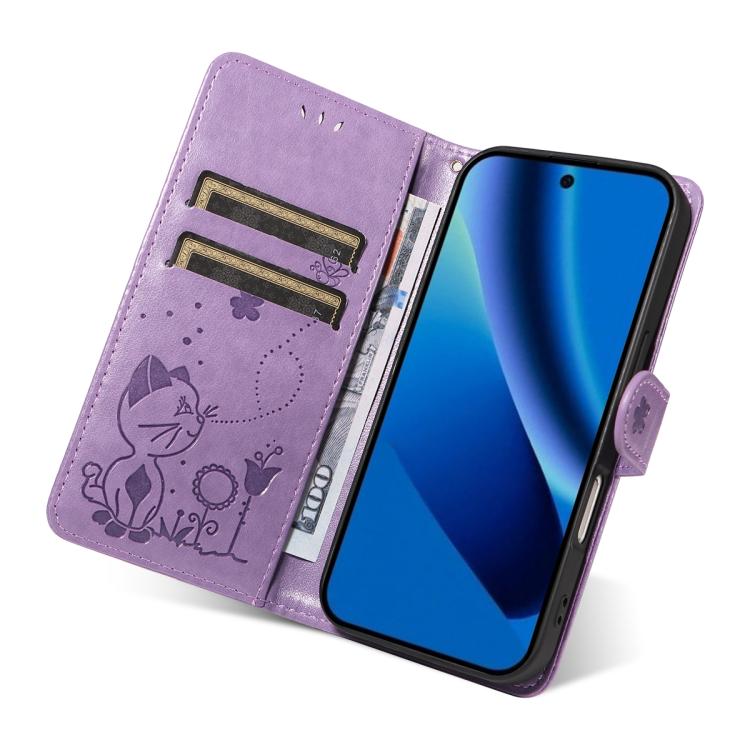 For Google Pixel 10a Cat and Bee Embossed Flip Leather Phone Case
