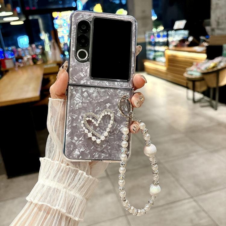For ZTE nubia Flip2 Pearlescent Shell Texture Heart Pattern Phone Case with Bracelet