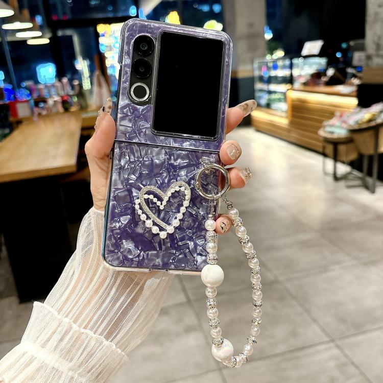 For ZTE nubia Flip2 Pearlescent Shell Texture Heart Pattern Phone Case with Bracelet