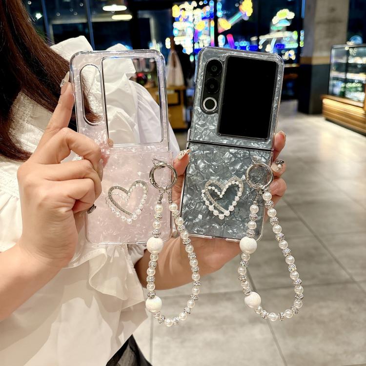 For ZTE nubia Flip2 Pearlescent Shell Texture Heart Pattern Phone Case with Bracelet