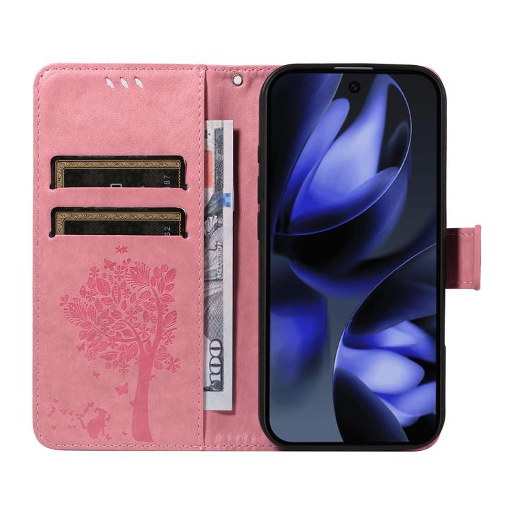 For Google Pixel 10 5G / 10 Pro 5G Global Tree & Cat Embossed Pattern Flip Leather Phone Case