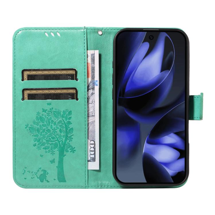 For Google Pixel 10 5G / 10 Pro 5G Global Tree & Cat Embossed Pattern Flip Leather Phone Case