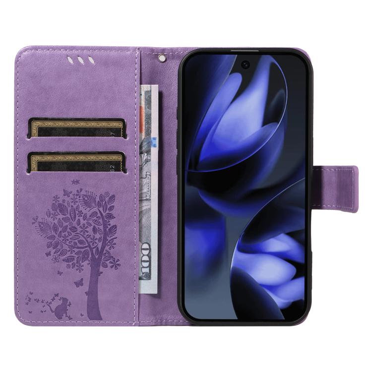 For Google Pixel 10 5G / 10 Pro 5G Global Tree & Cat Embossed Pattern Flip Leather Phone Case