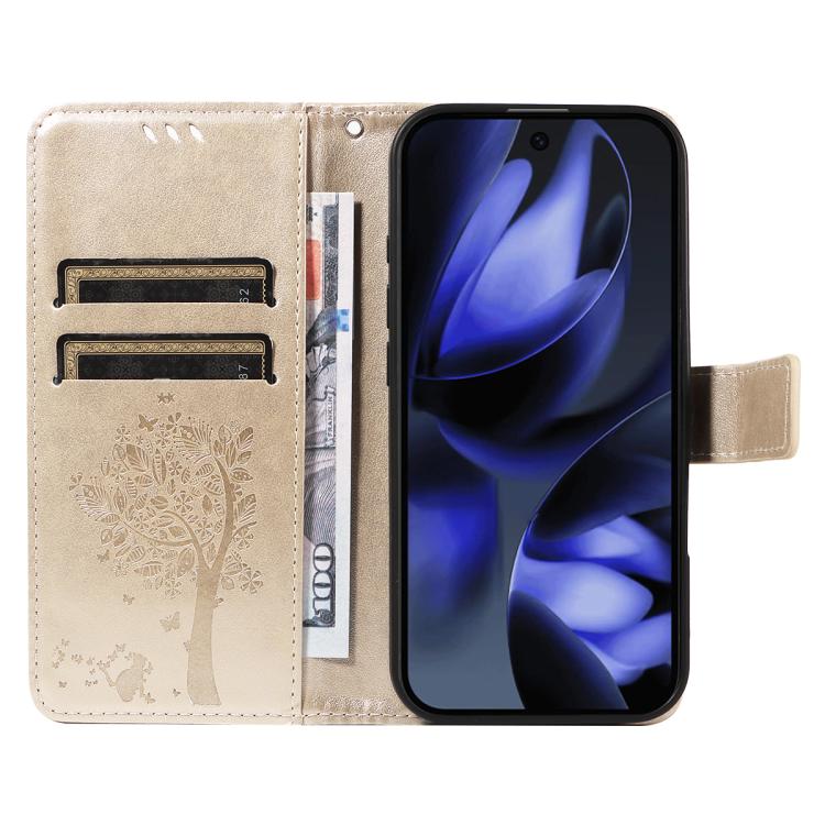 For Google Pixel 10 5G / 10 Pro 5G Global Tree & Cat Embossed Pattern Flip Leather Phone Case
