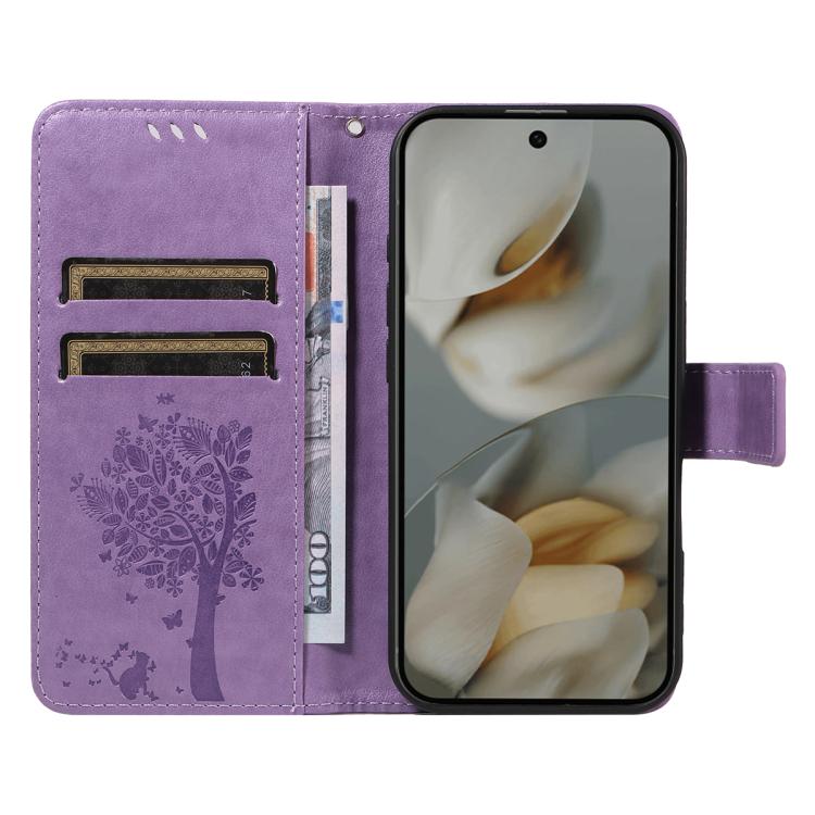 For Google Pixel 10 Pro XL 5G Global Tree & Cat Embossed Pattern Flip Leather Phone Case