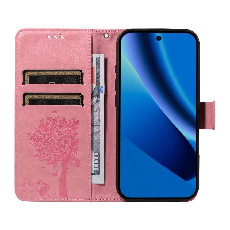 For Google Pixel 10a Tree & Cat Embossed Pattern Flip Leather Phone Case