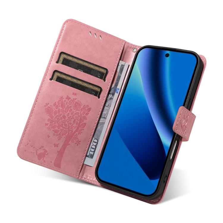 For Google Pixel 10a Tree & Cat Embossed Pattern Flip Leather Phone Case