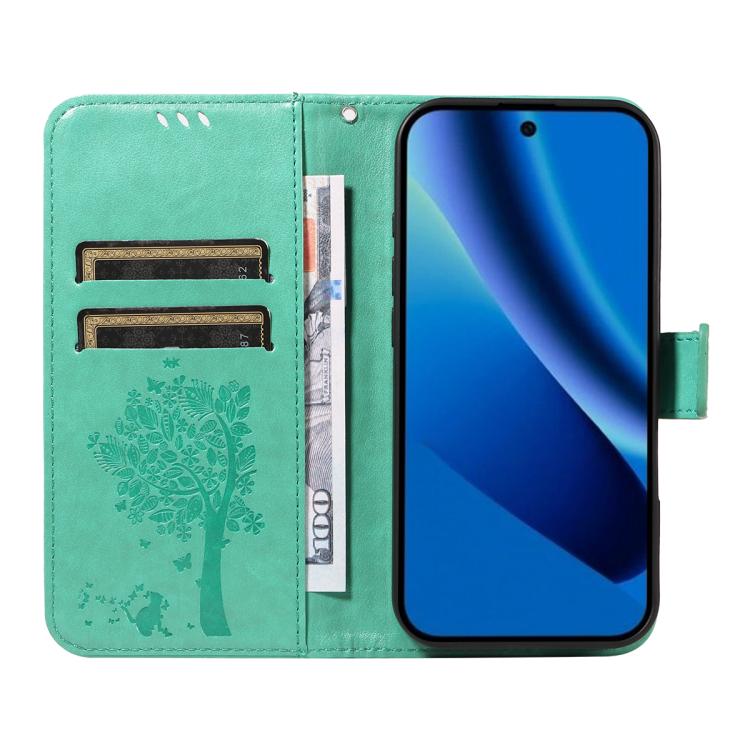For Google Pixel 10a Tree & Cat Embossed Pattern Flip Leather Phone Case
