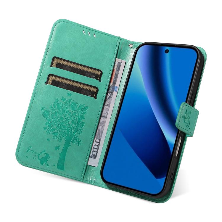 For Google Pixel 10a Tree & Cat Embossed Pattern Flip Leather Phone Case