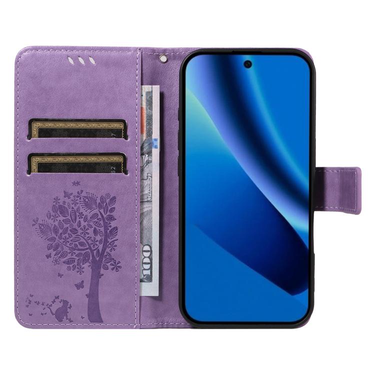 For Google Pixel 10a Tree & Cat Embossed Pattern Flip Leather Phone Case