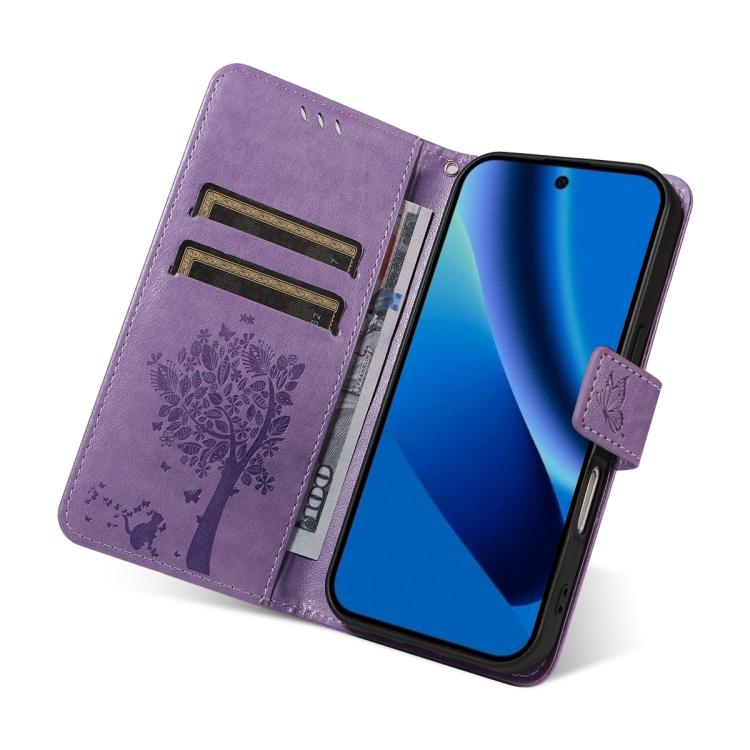 For Google Pixel 10a Tree & Cat Embossed Pattern Flip Leather Phone Case
