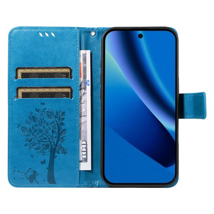 For Google Pixel 10a Tree & Cat Embossed Pattern Flip Leather Phone Case