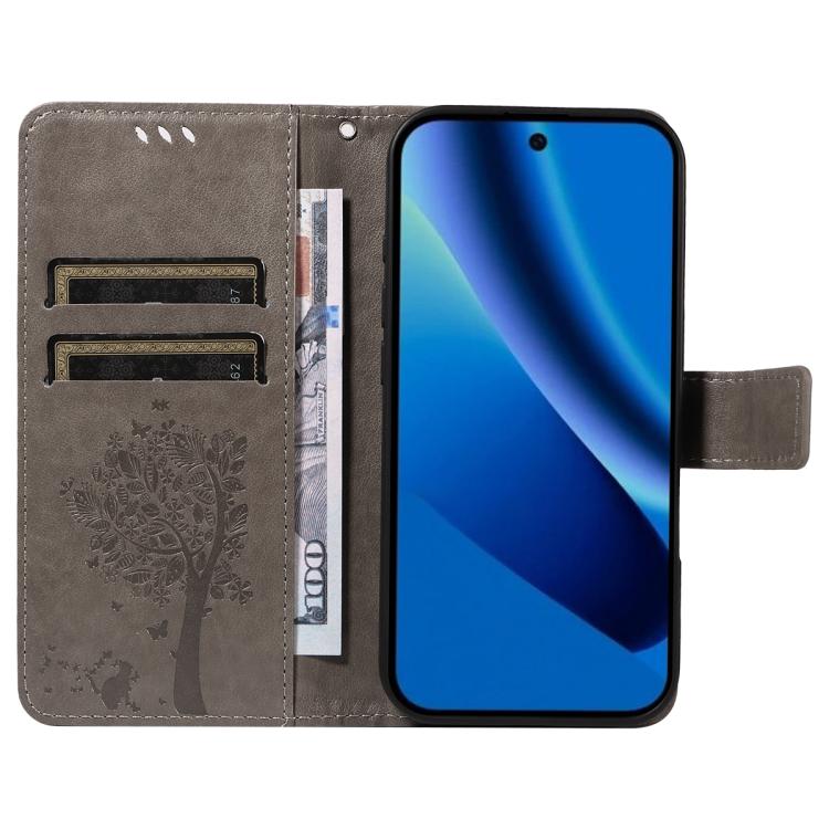 For Google Pixel 10a Tree & Cat Embossed Pattern Flip Leather Phone Case