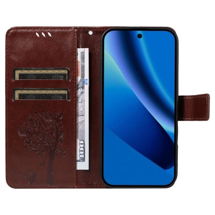 For Google Pixel 10a Tree & Cat Embossed Pattern Flip Leather Phone Case