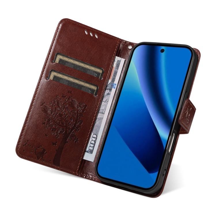 For Google Pixel 10a Tree & Cat Embossed Pattern Flip Leather Phone Case