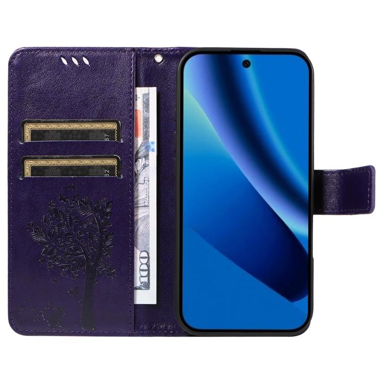 For Google Pixel 10a Tree & Cat Embossed Pattern Flip Leather Phone Case